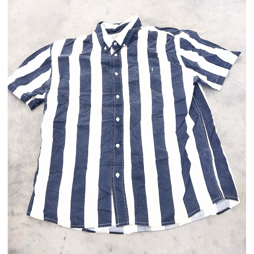 Free Nature Men's XXL‎ Navy White Vertical Stripe Short Sleeve Button Up Shirt